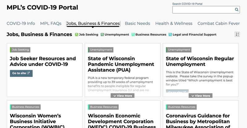 screenshot of Milwaukee public library's COVID-19 focused portal