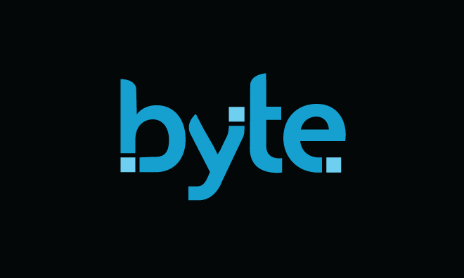 Image of Byte's wordmark, in blue, on a black background
