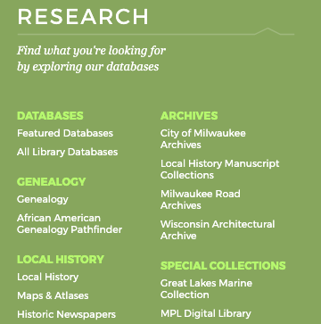 screenshot of Milwaukee public library's navigation, showing four pages and their subsets, listed under Research