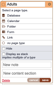 Image of a page opened in sitemap, displaying the ability to chose the type of content that will be used