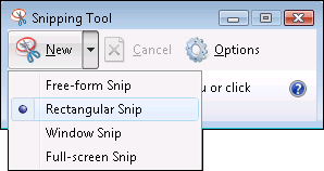 Rectangular snip is chosen from the new tab dropdown in Window's Snipping Tool