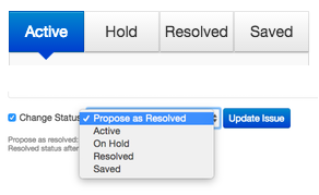 options for status declaration - saying active, hold, resolved, and saved