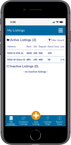 FAIR Housing app, on the My Listings page