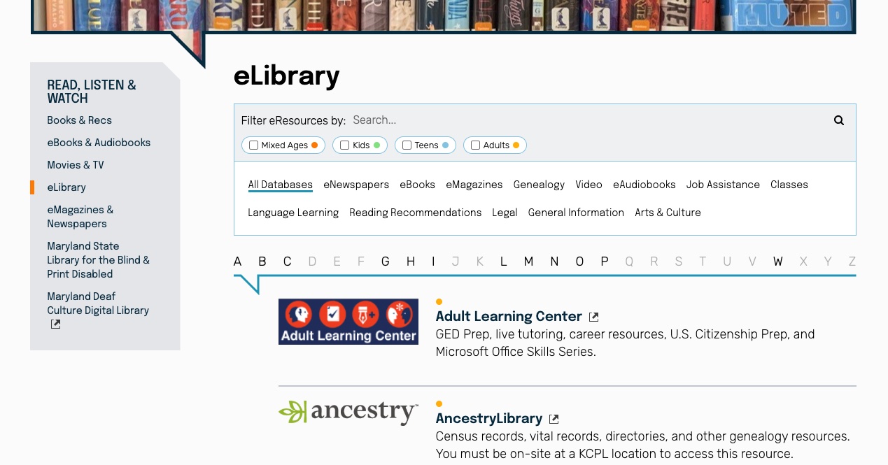 Screenshot of electronic resources library