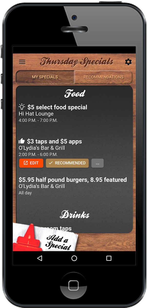 image of mobile app screen from Special Sauce, at an angle